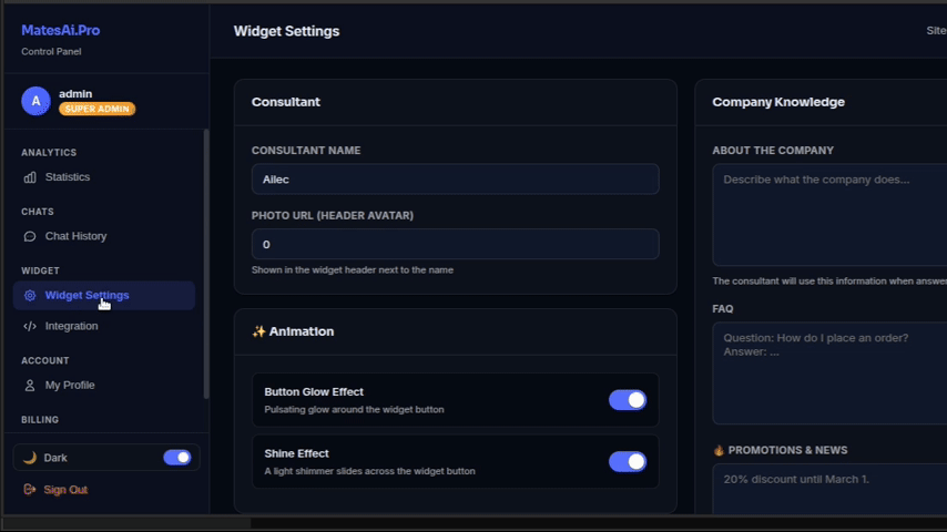 Admin panel MatesAi.Pro